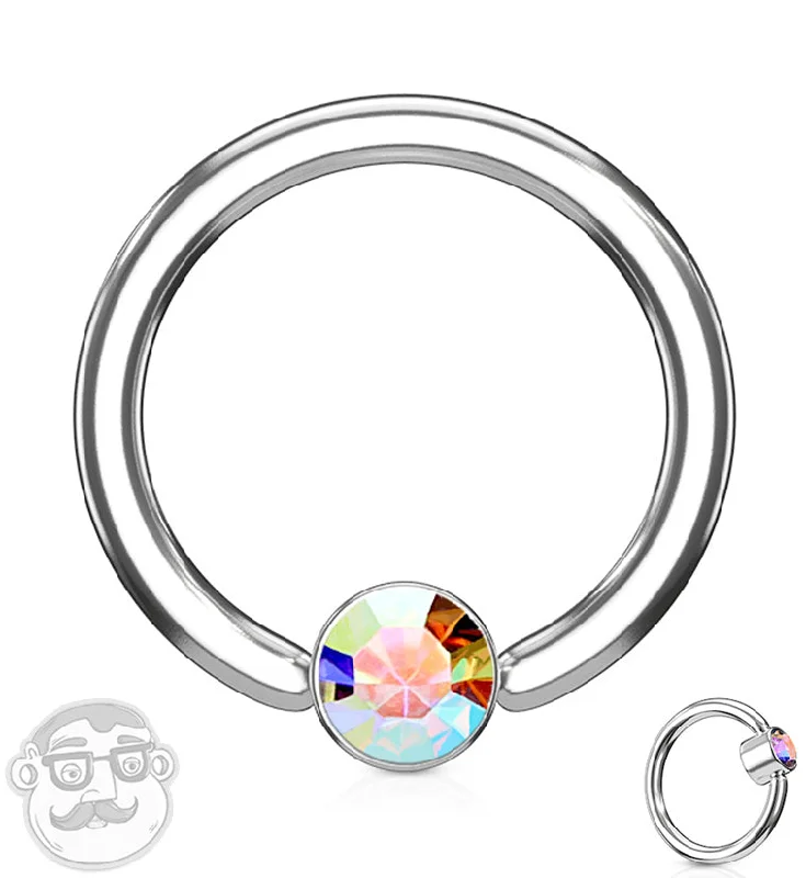 Rainbow Aurora CZ Flat Disk Captive Ring