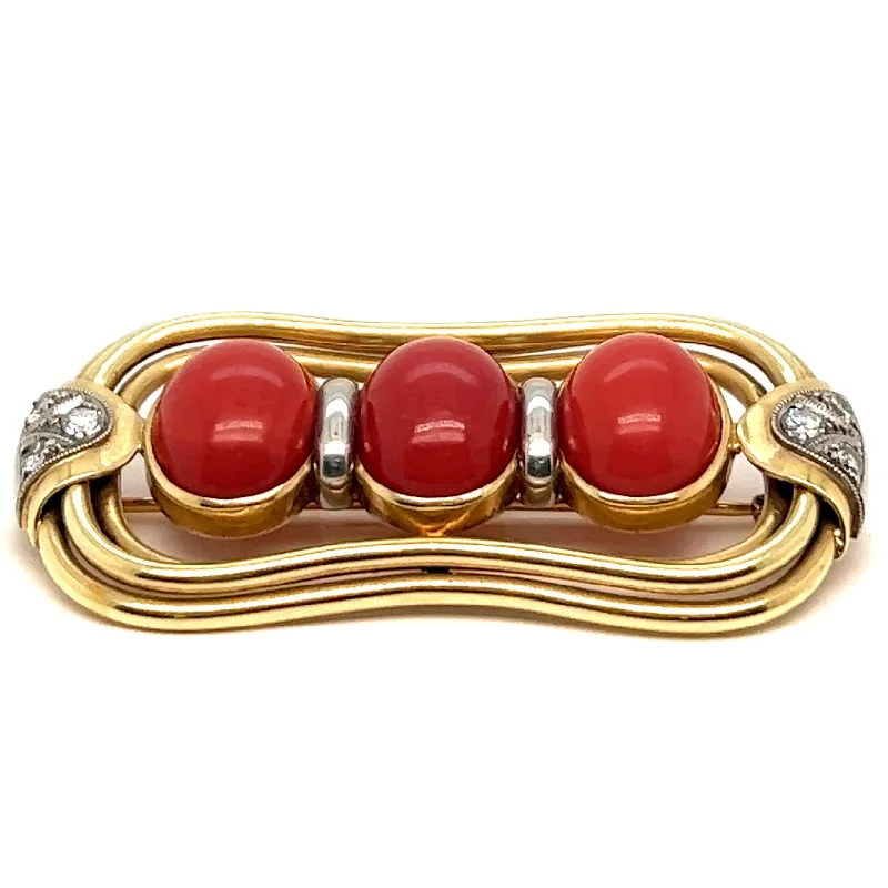 Vintage Oxblood Coral Diamond 14 Karat Yellow Gold Brooch