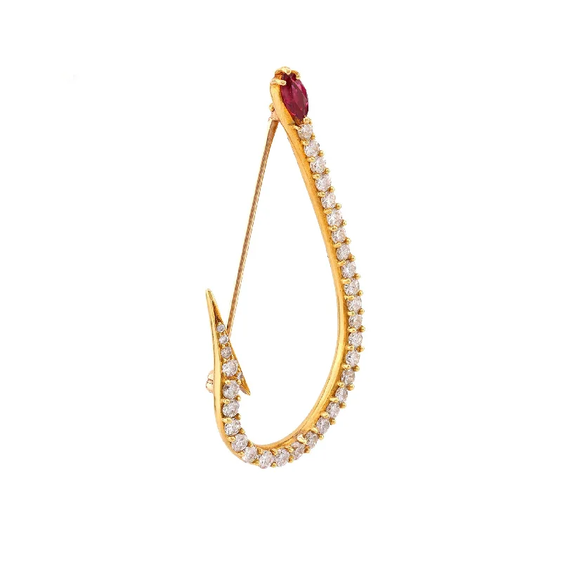 Vintage Ruby Diamond 18K Yellow Gold Fish Hook Brooch