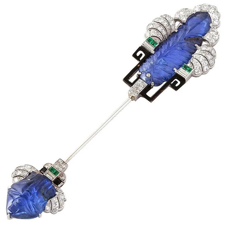 Art Deco Carved Sapphire Diamond Jabot Pin Brooch