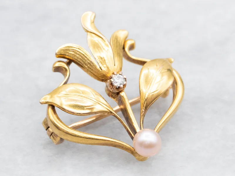 Vintage Botanical Diamond and Pearl Brooch